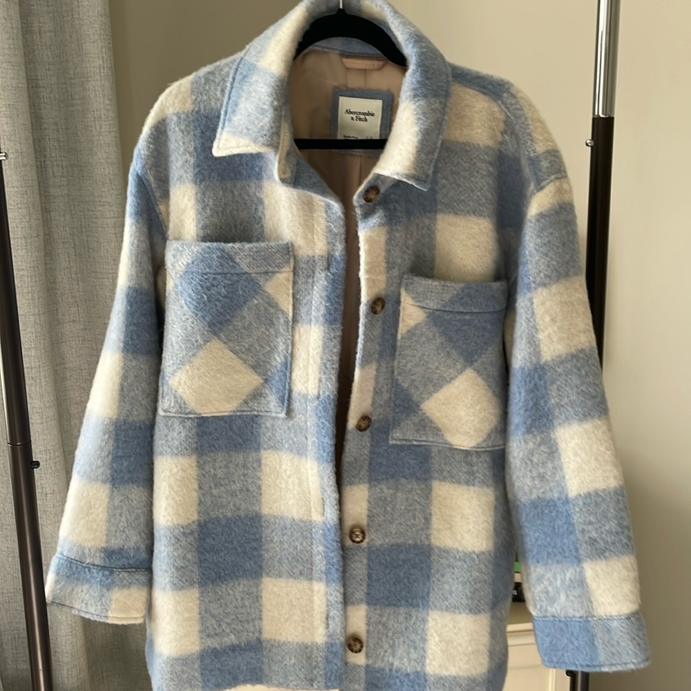 Abercrombie & Fitch Light Blue and Cream Checkered Utility Jacket